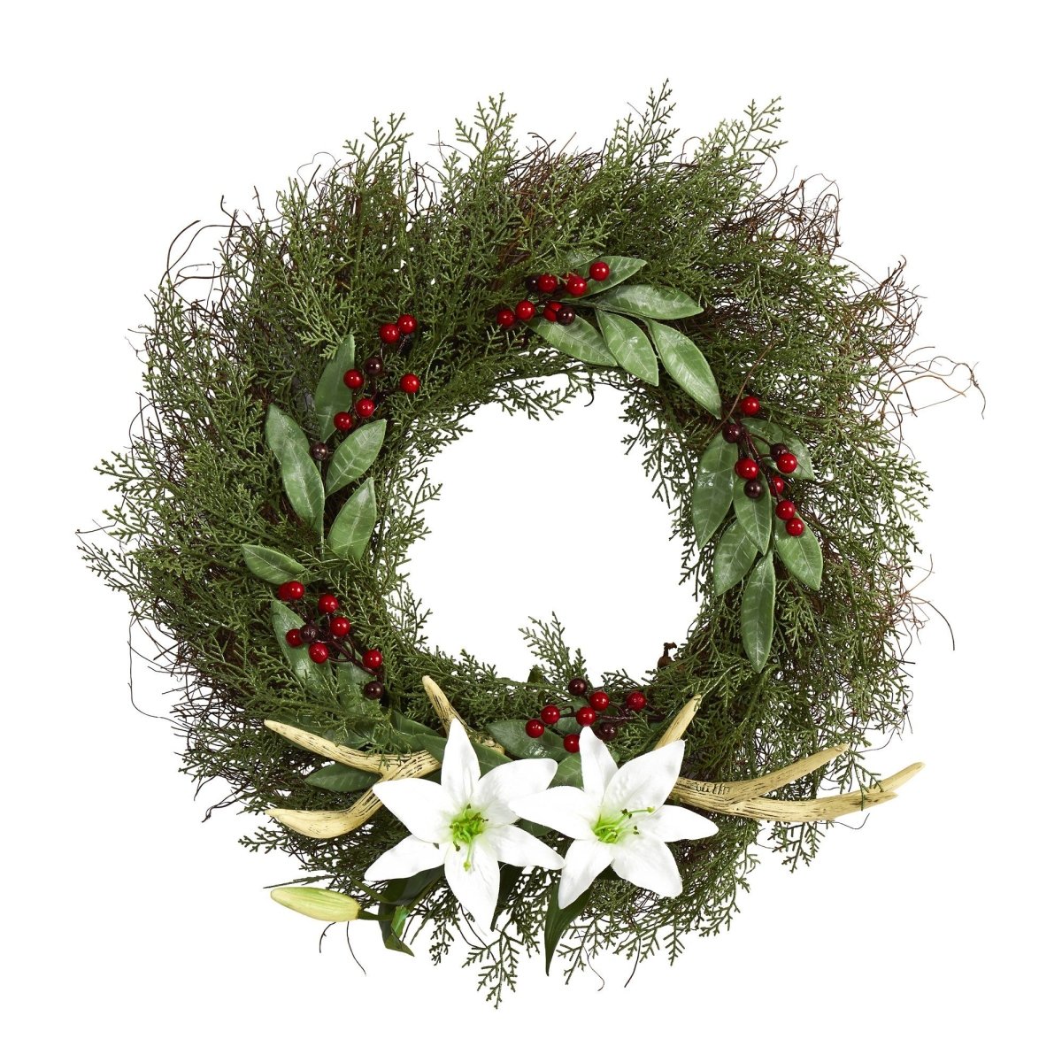 20-in Cedar, Antlers, Lily And Ruscus With Berries Artificial Wreath