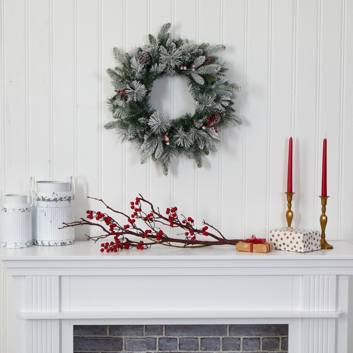 20-in Flocked Mixed Pine Christmas Wreath With LED Lights, Pine Cones & Berries