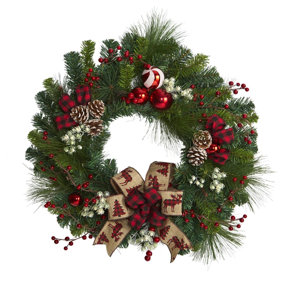 24-in Christmas Pine Wreath With Ornaments & Bow | Holiday Decor