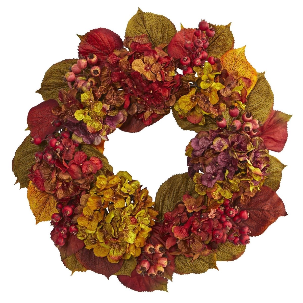 24-in Fall Hydrangea Wreath | Multicolored Autumn Leaves