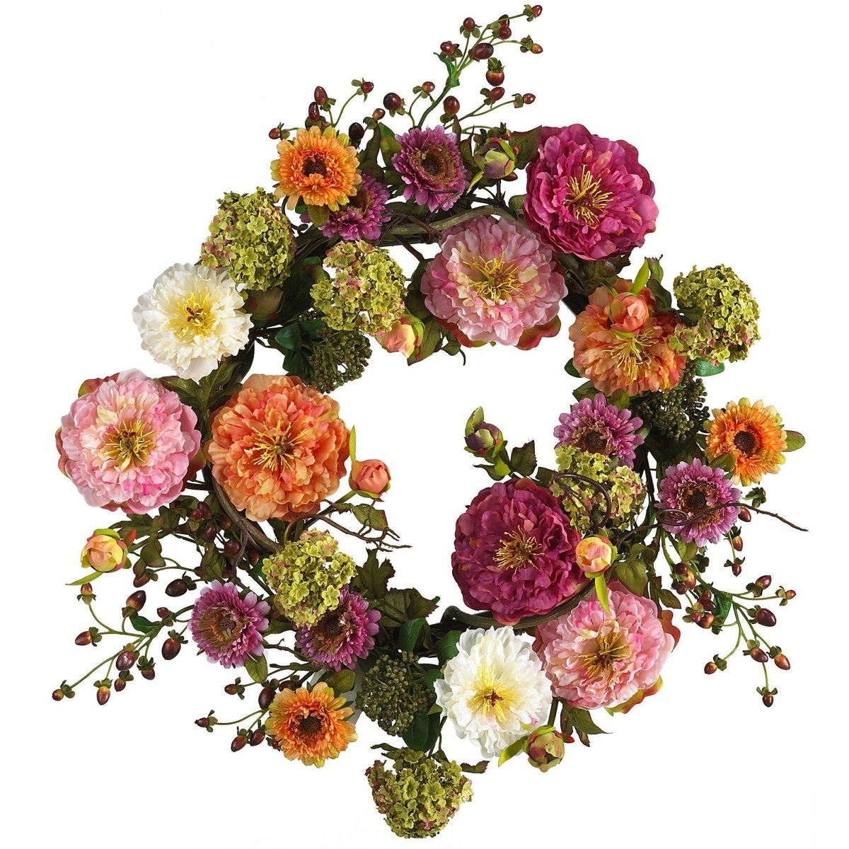 24-in Lifelike Mixed Peony Wreath – Round Pastel Blooms & Berry Accents