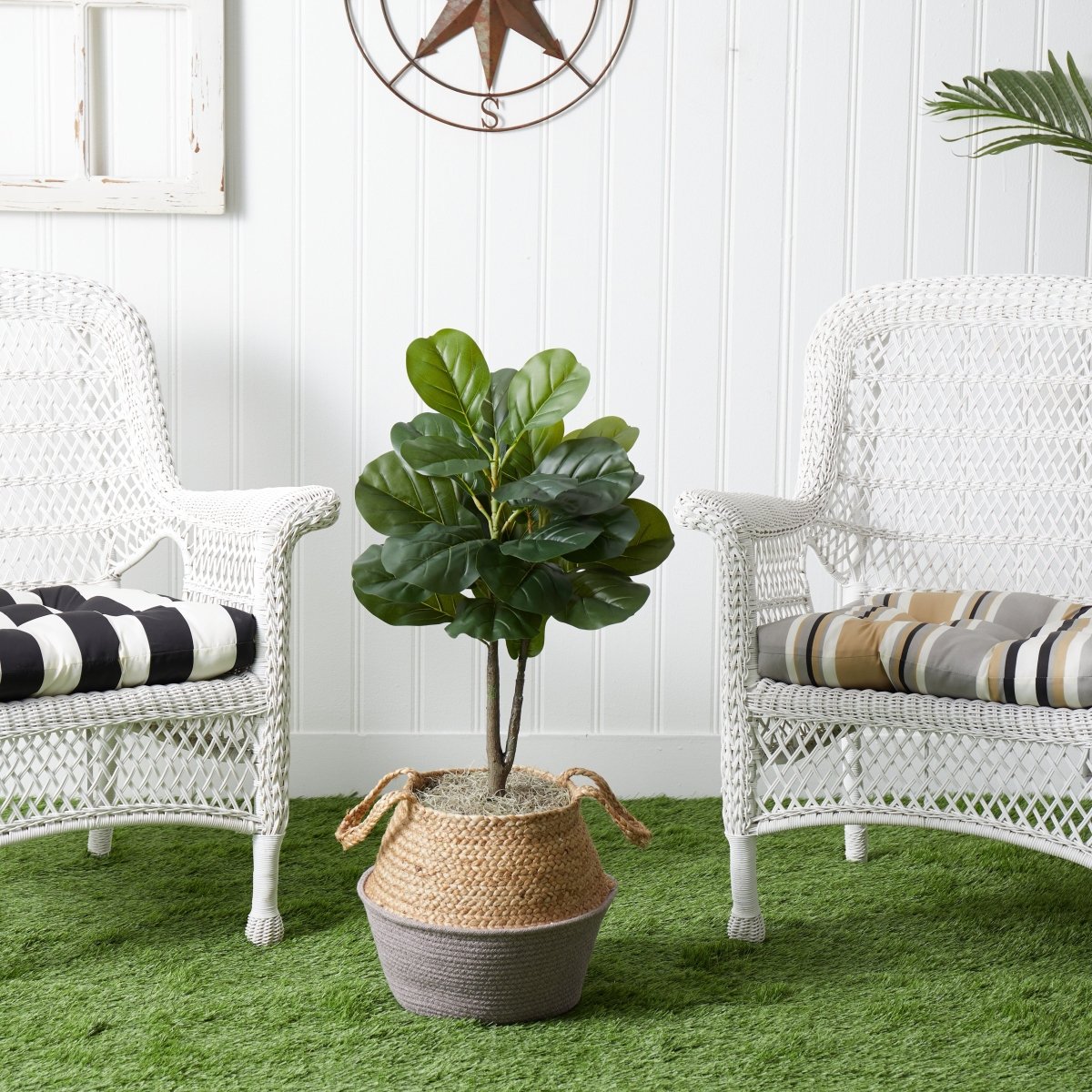 3-ft Artificial Fiddle Leaf Fig Tree With Handmade Cotton & Jute Woven Basket