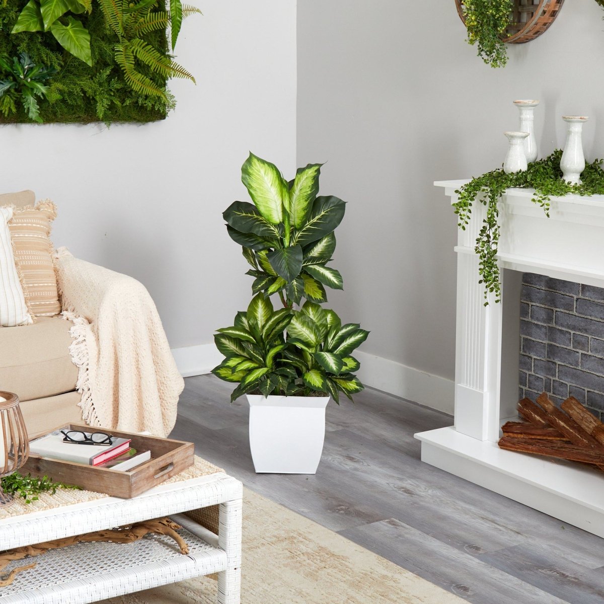 46-in Golden Dieffenbachia Artificial Plant In White Metal Planter