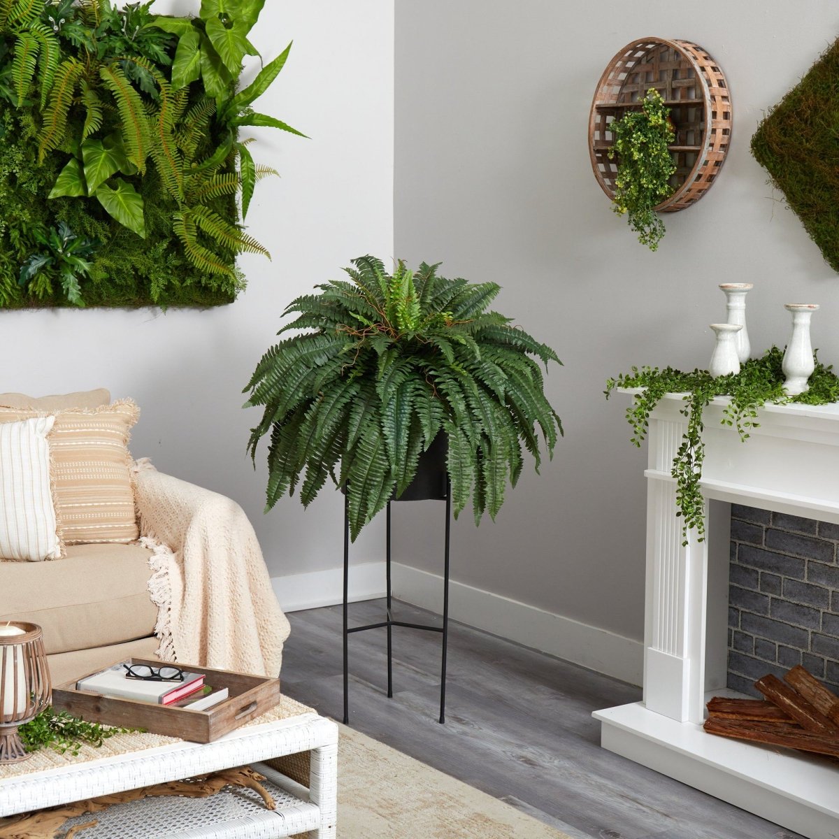 51-in Boston Fern Artificial Plant In Black Planter With Stand | Cascading Faux Greenery