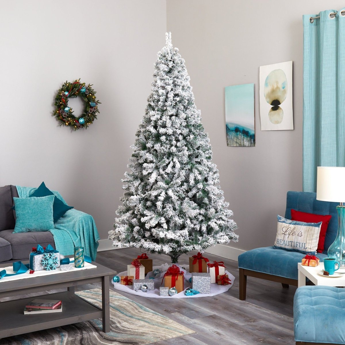 8-ft Flocked Rock Springs Spruce Artificial Christmas Tree With 500 Clear LED Lights & 1186 Bendable Branches