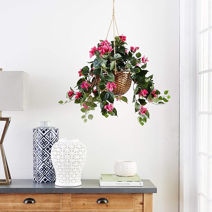 Silk Bougainvillea Hanging Basket – Faux Cascading Vine In Wicker Planter
