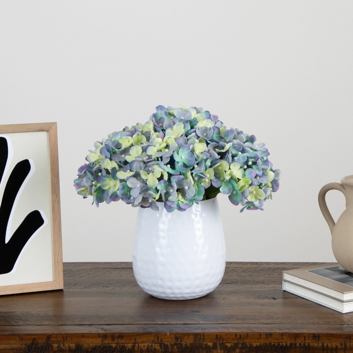  11-in Artificial Hydrangea Arrangement In White Metal Vase