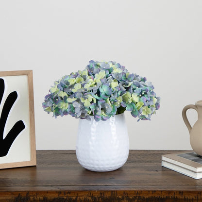  11-in Artificial Hydrangea Arrangement In White Metal Vase