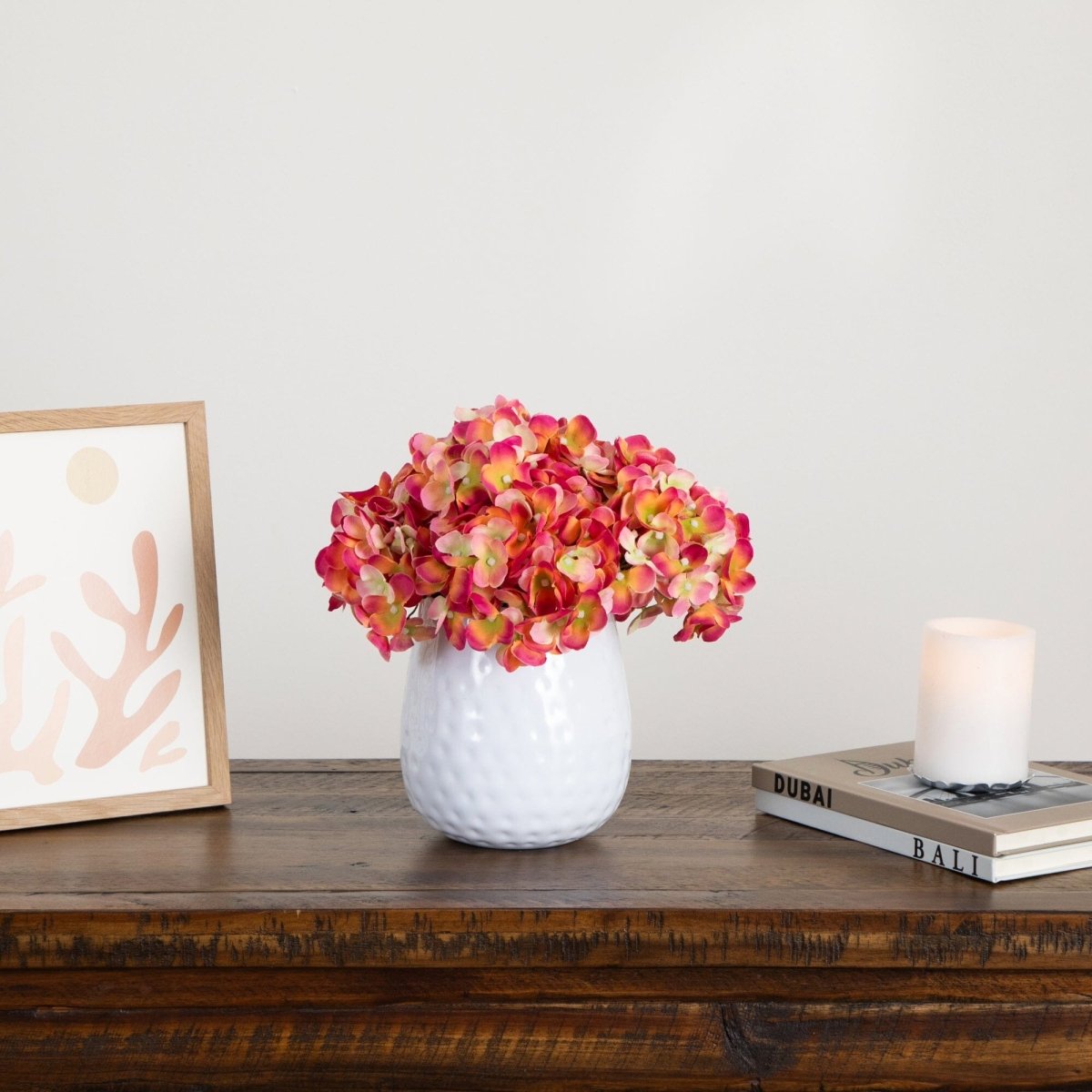  11-in Artificial Hydrangea Arrangement In White Metal Vase