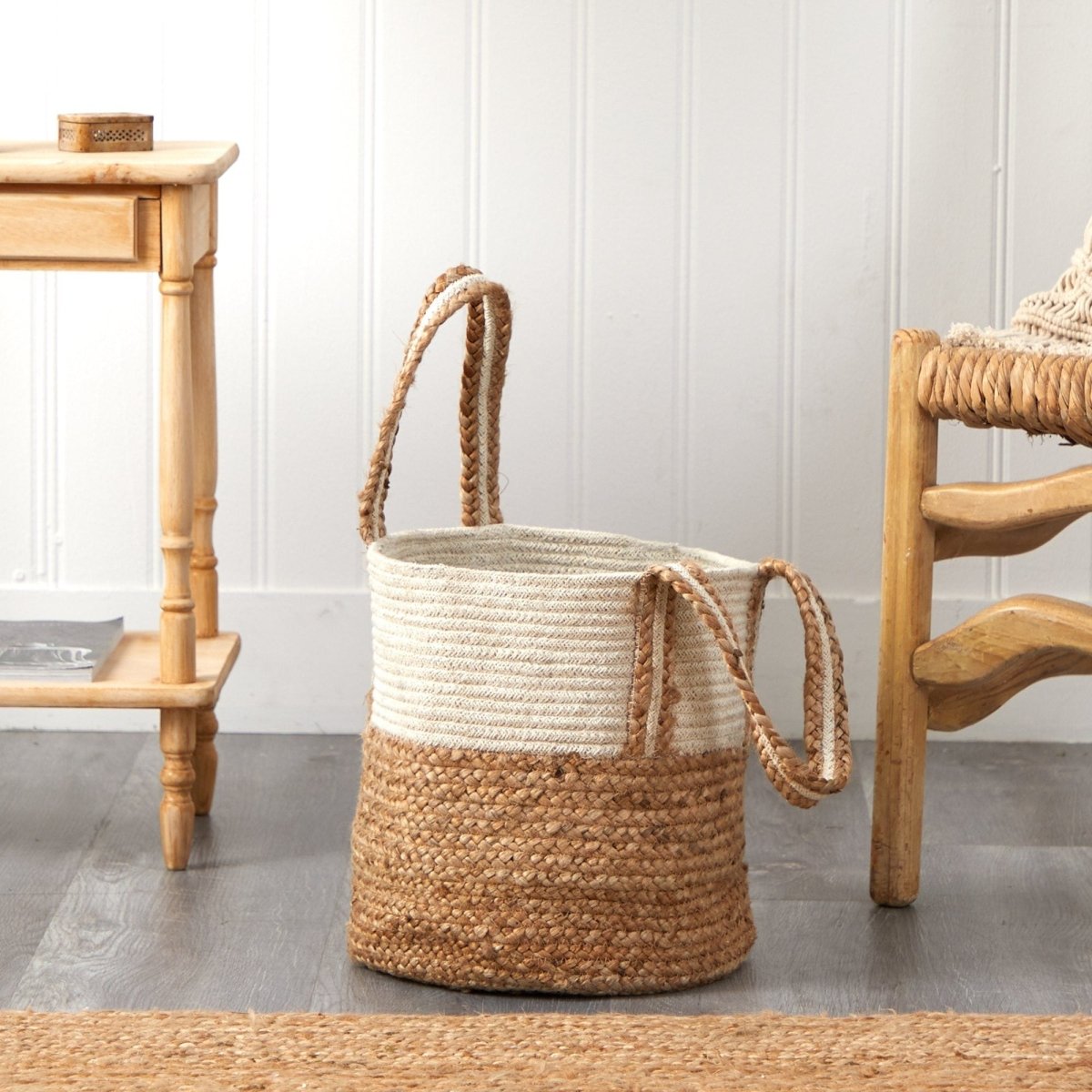 14-in Boho Chic Basket Natural Cotton And Jute With Handles