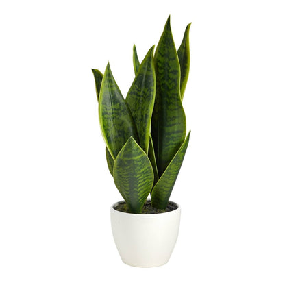  16-in Faux Snake Plant – Realistic Sansevieria In White Planter