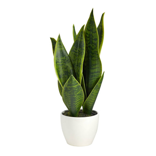  16-in Faux Snake Plant – Realistic Sansevieria In White Planter