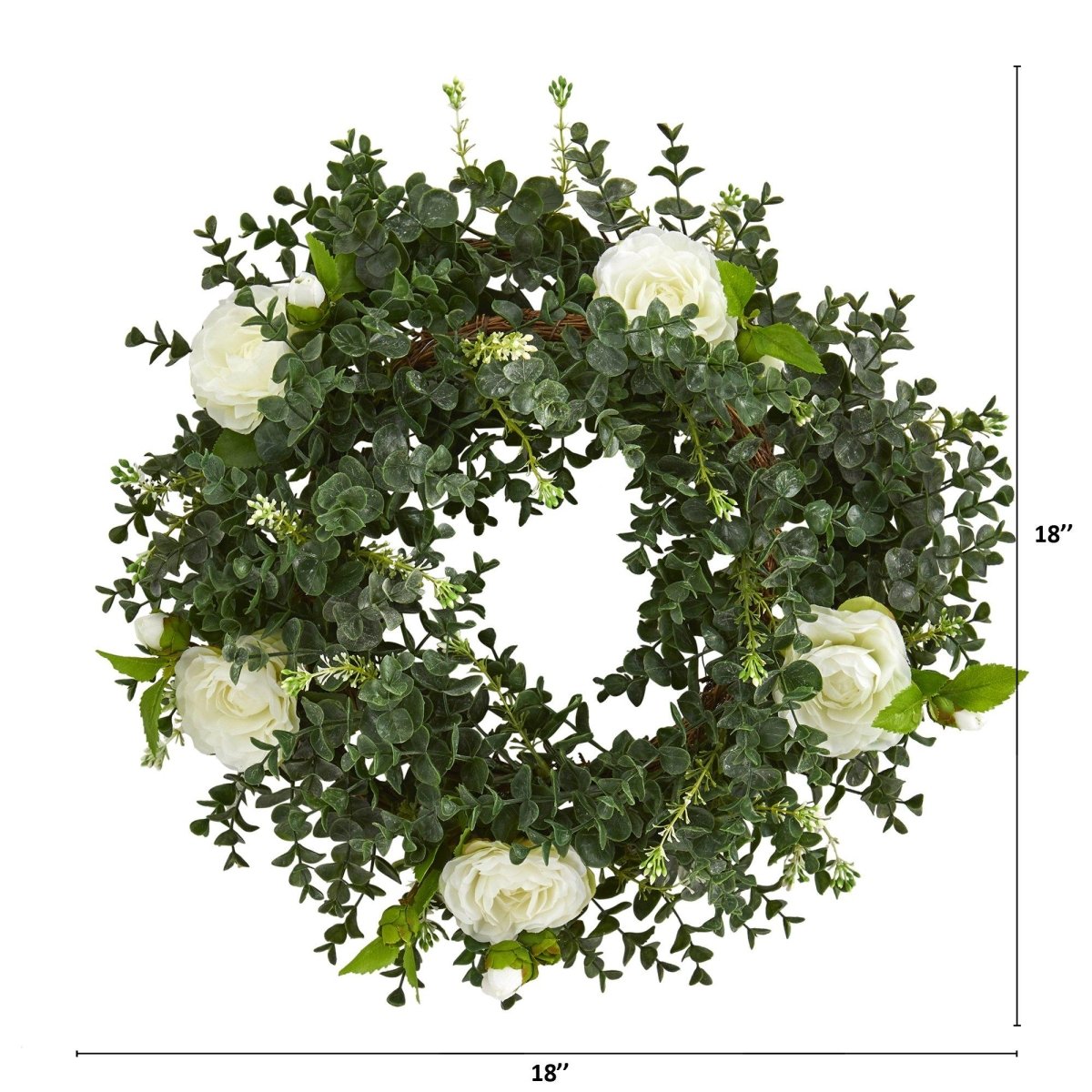  18-in Eucalyptus And Camellia Double Ring Artificial Wreath With Twig Base