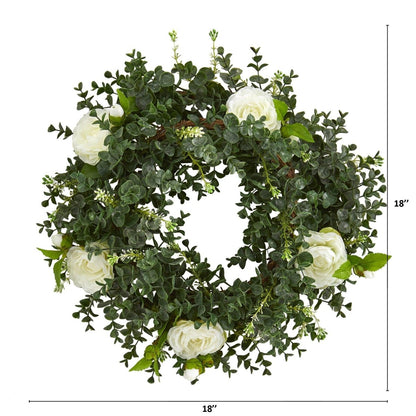  18-in Eucalyptus And Camellia Double Ring Artificial Wreath With Twig Base
