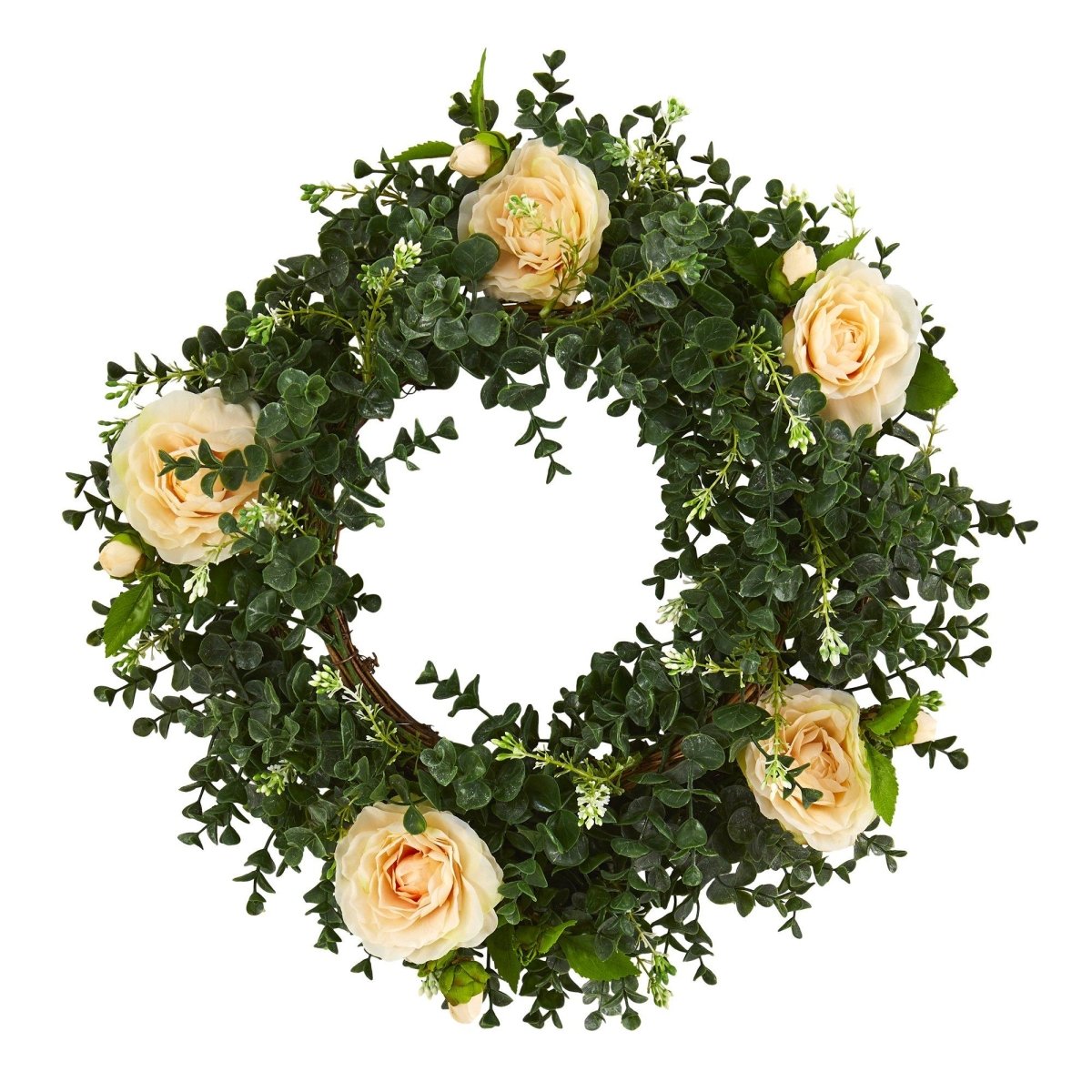  18-in Eucalyptus And Camellia Double Ring Artificial Wreath With Twig Base