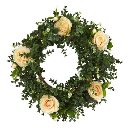  18-in Eucalyptus And Camellia Double Ring Artificial Wreath With Twig Base