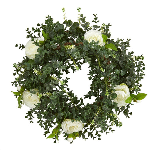  18-in Eucalyptus And Camellia Double Ring Artificial Wreath With Twig Base