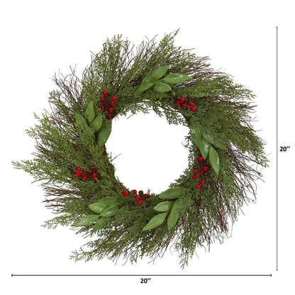  20-in Cedar And Ruscus With Berries Artificial Wreath