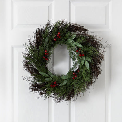  20-in Cedar And Ruscus With Berries Artificial Wreath
