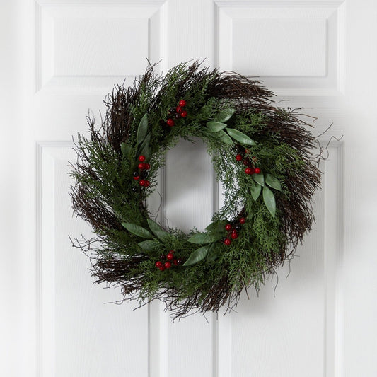  20-in Cedar And Ruscus With Berries Artificial Wreath