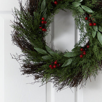  20-in Cedar And Ruscus With Berries Artificial Wreath