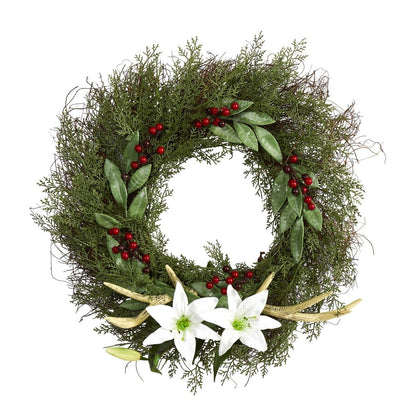  20-in Cedar, Antlers, Lily And Ruscus With Berries Artificial Wreath