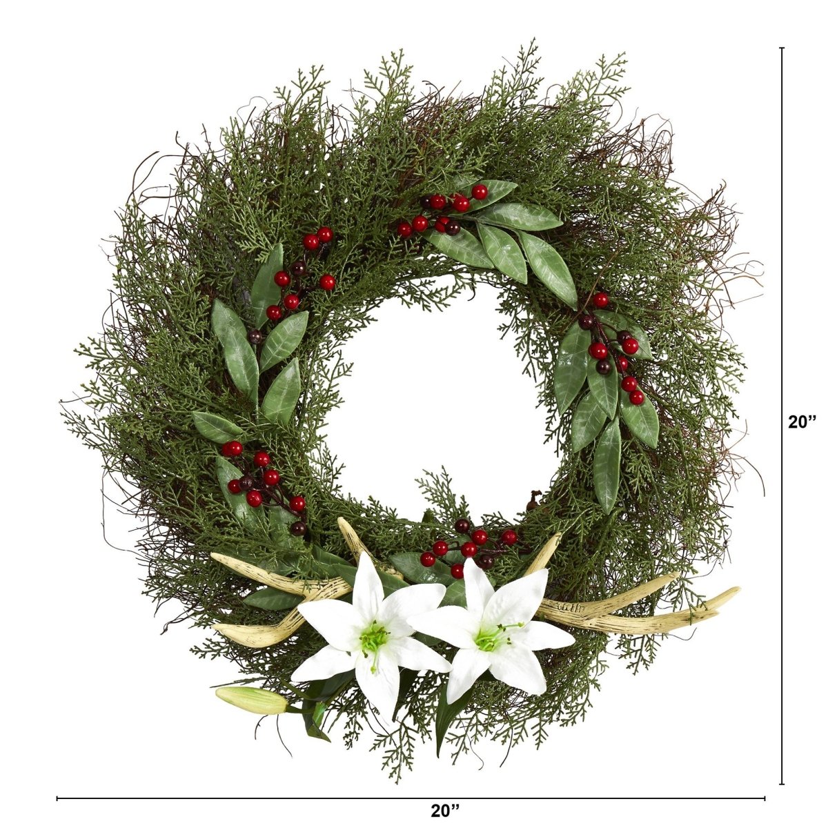  20-in Cedar, Antlers, Lily And Ruscus With Berries Artificial Wreath