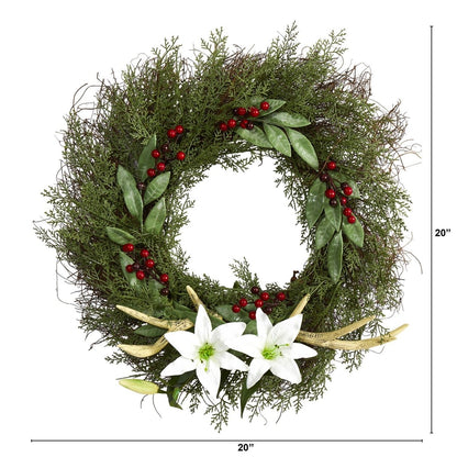  20-in Cedar, Antlers, Lily And Ruscus With Berries Artificial Wreath