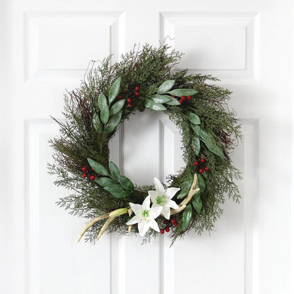  20-in Cedar, Antlers, Lily And Ruscus With Berries Artificial Wreath