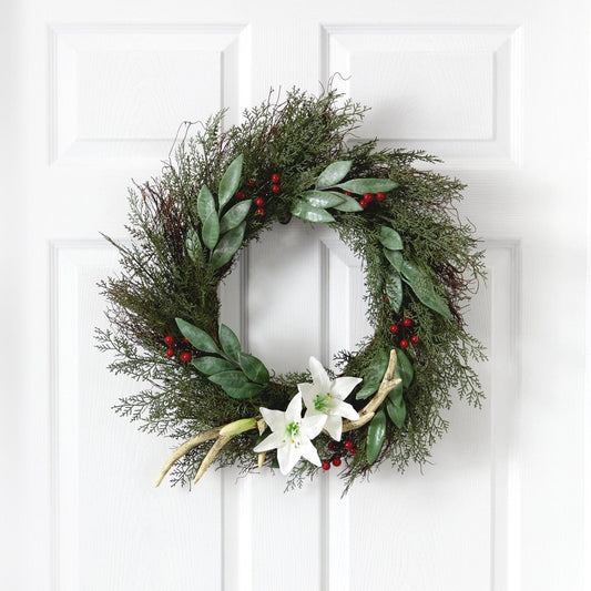  20-in Cedar, Antlers, Lily And Ruscus With Berries Artificial Wreath