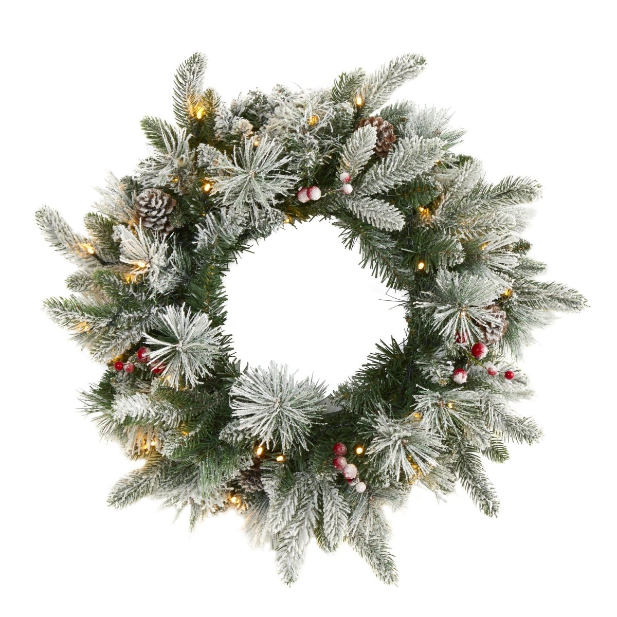  20-in Flocked Mixed Pine Christmas Wreath With LED Lights, Pine Cones & Berries