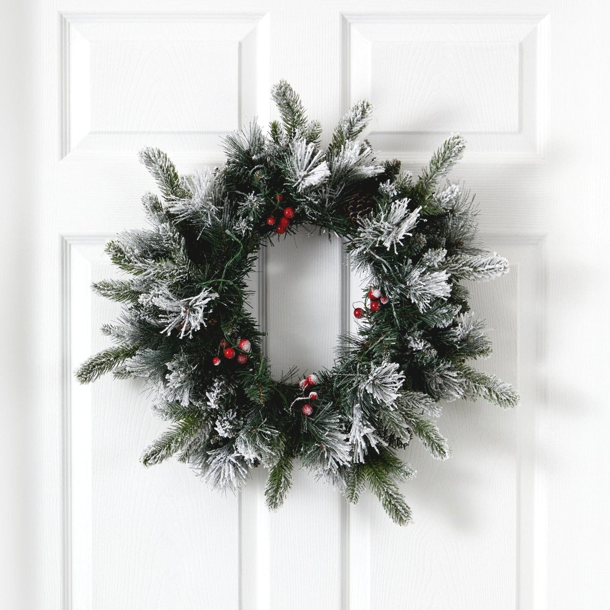  20-in Flocked Mixed Pine Christmas Wreath With LED Lights, Pine Cones & Berries