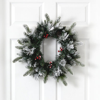  20-in Flocked Mixed Pine Christmas Wreath With LED Lights, Pine Cones & Berries