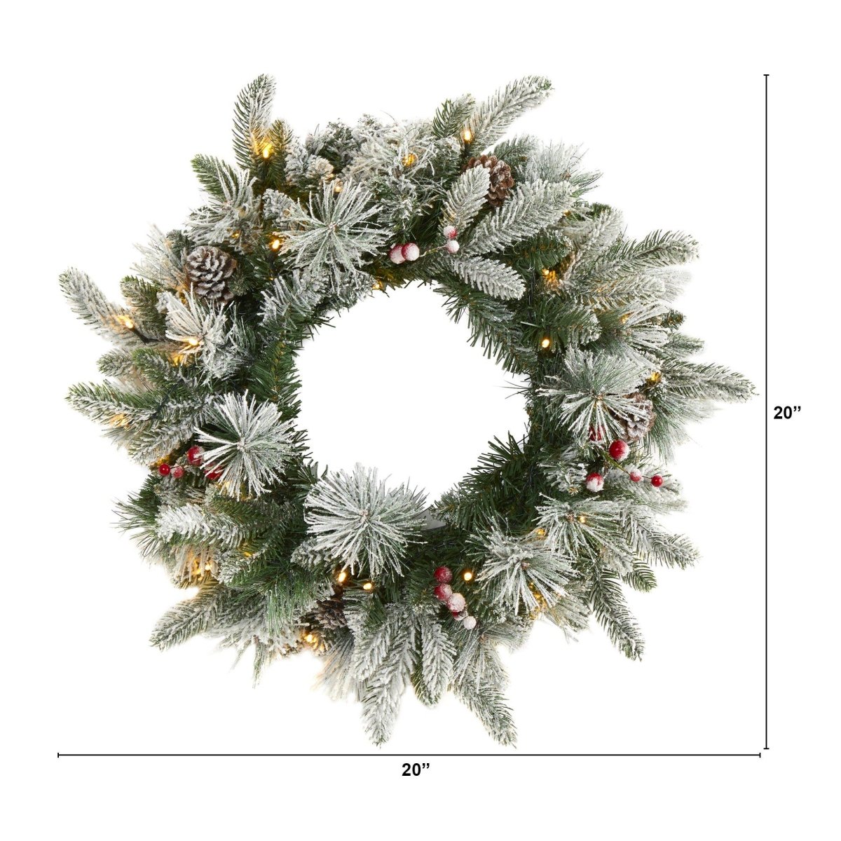  20-in Flocked Mixed Pine Christmas Wreath With LED Lights, Pine Cones & Berries
