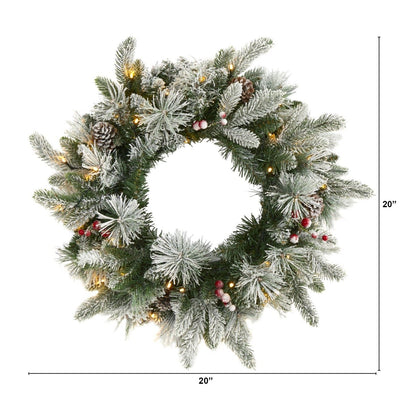  20-in Flocked Mixed Pine Christmas Wreath With LED Lights, Pine Cones & Berries