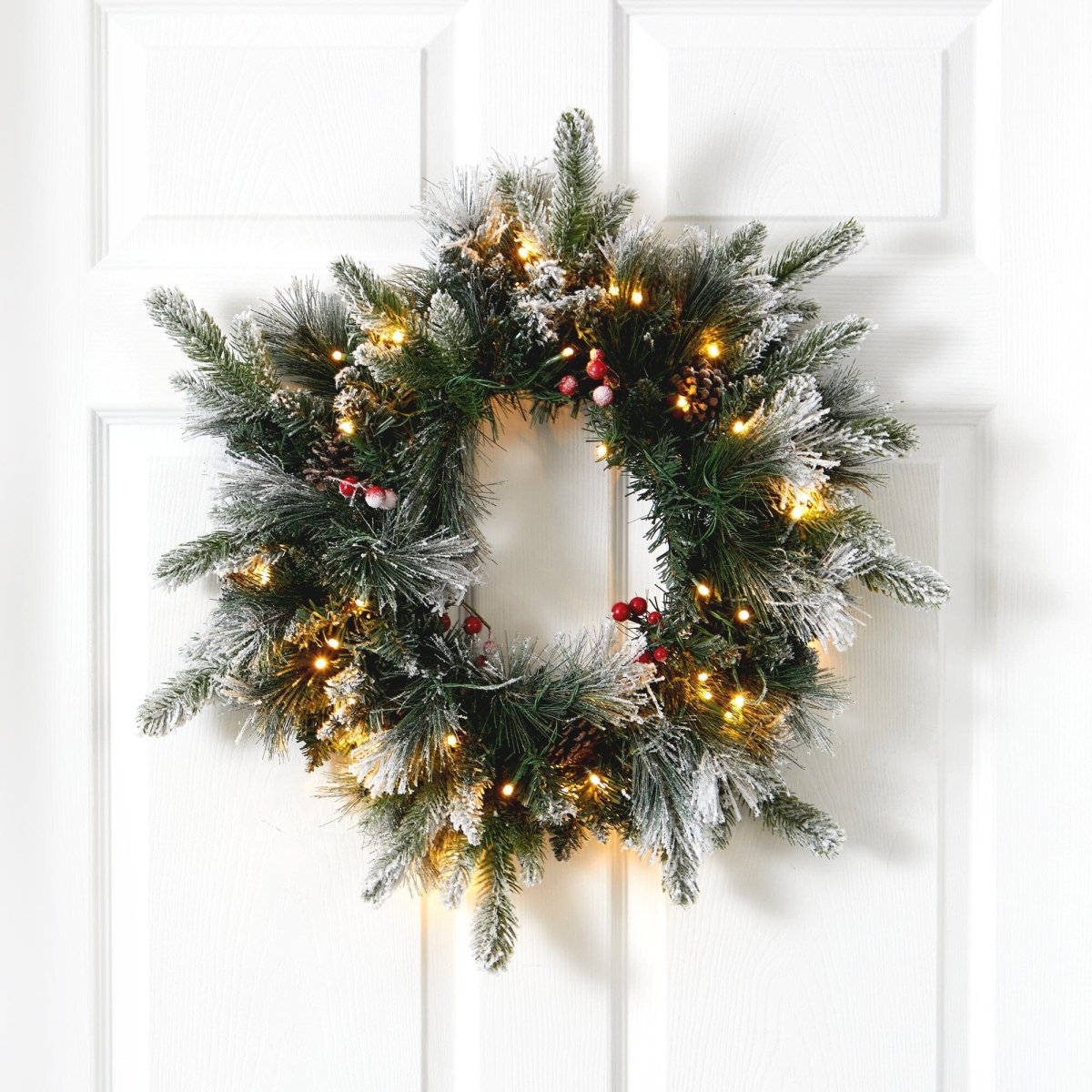  20-in Flocked Mixed Pine Christmas Wreath With LED Lights, Pine Cones & Berries