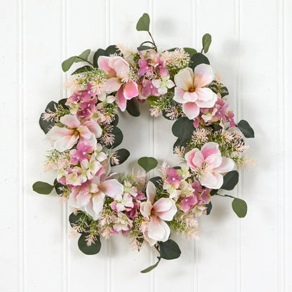  20-in Hydrangea And Magnolia Artificial Wreath – Elegant Floral Decor