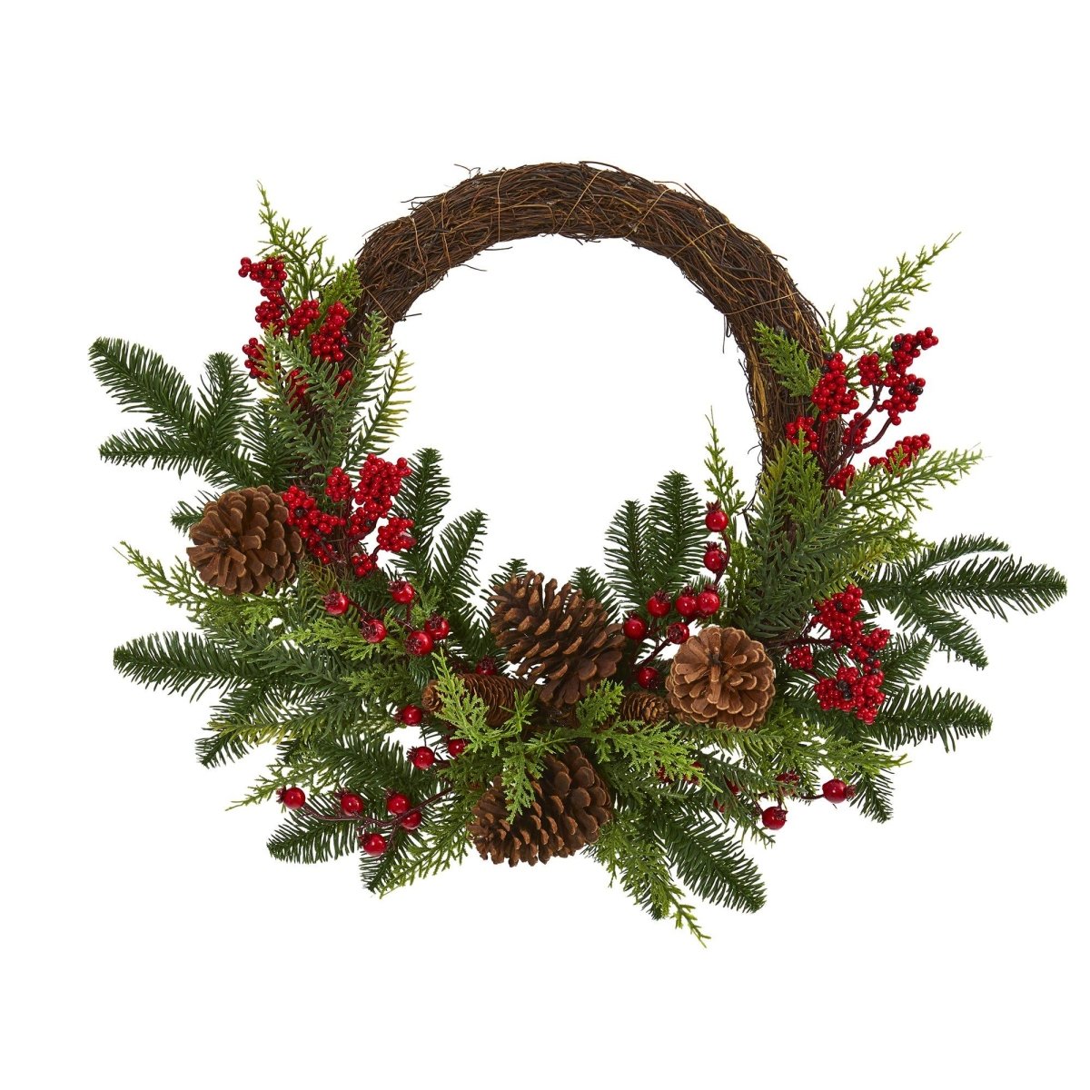 22-in Mixed Pine & Cedar Wreath | Pine Cones, Berries & Holiday Decor