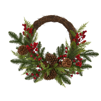  22-in Mixed Pine & Cedar Wreath | Pine Cones, Berries & Holiday Decor