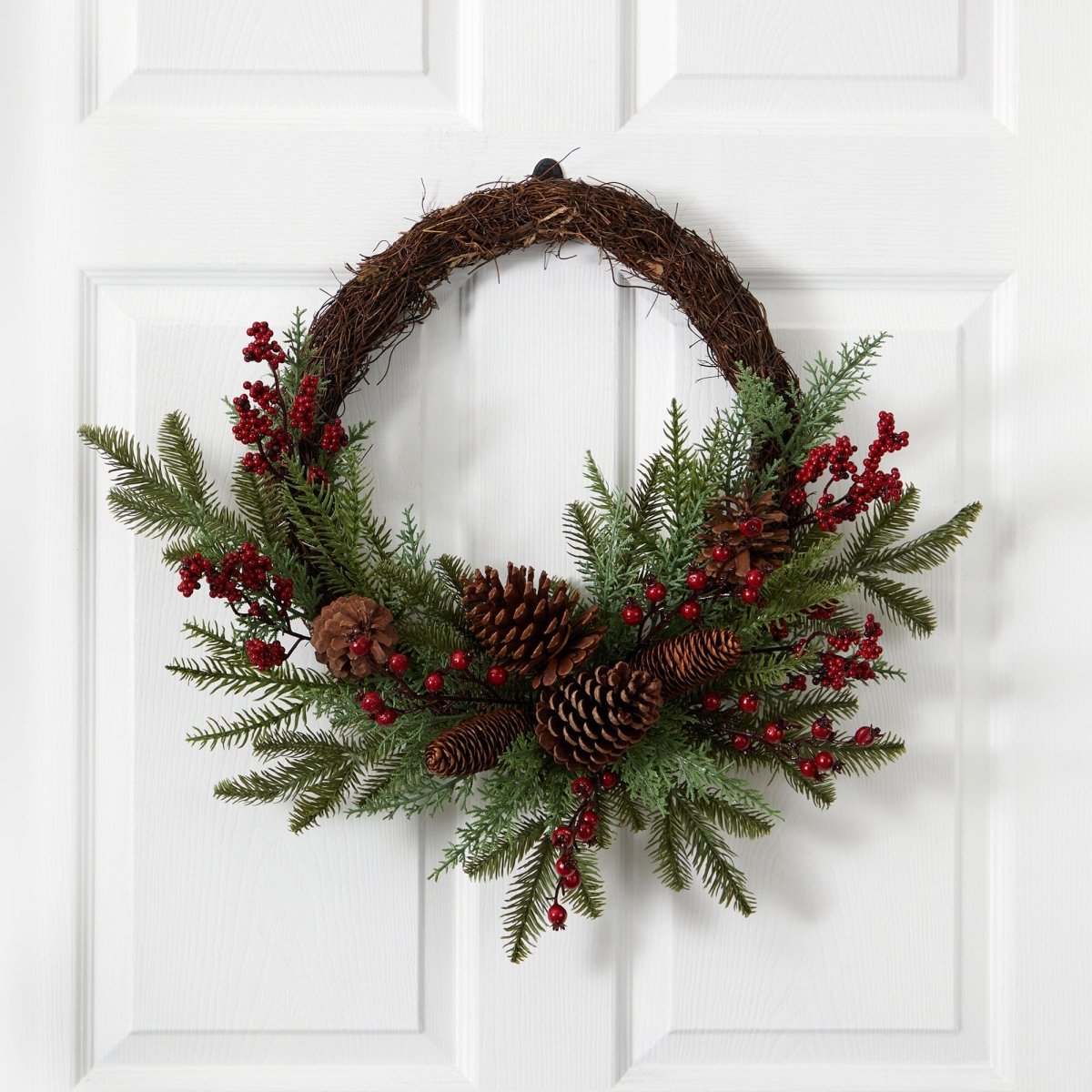  22-in Mixed Pine & Cedar Wreath | Pine Cones, Berries & Holiday Decor