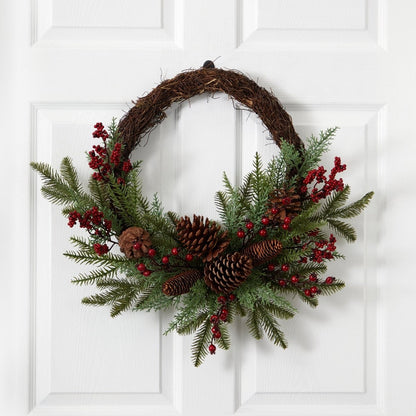  22-in Mixed Pine & Cedar Wreath | Pine Cones, Berries & Holiday Decor