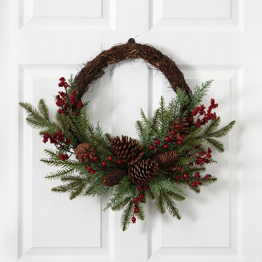  22-in Mixed Pine & Cedar Wreath | Pine Cones, Berries & Holiday Decor