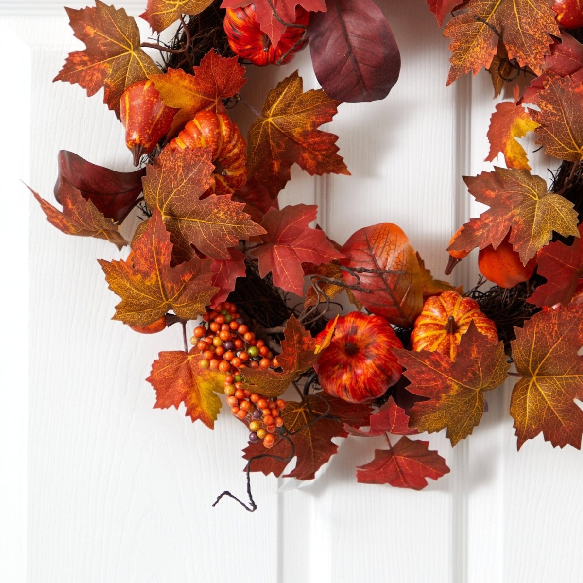  24-in Autumn Maple Leaves Artificial Fall Wreath With Pumpkins & Berries