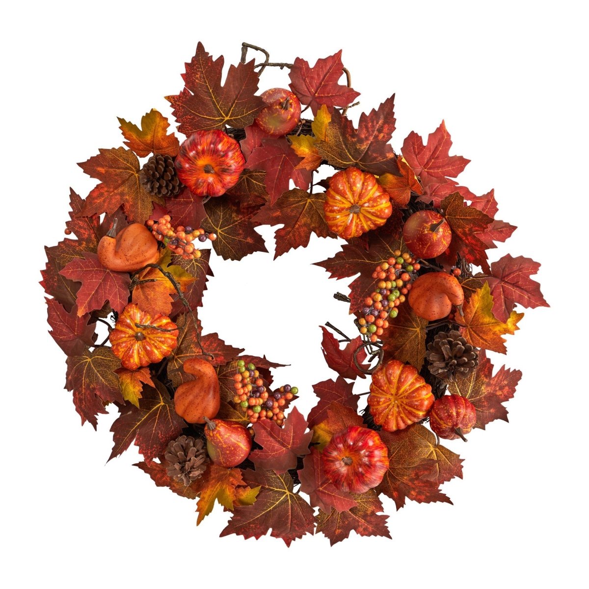  24-in Autumn Maple Leaves Artificial Fall Wreath With Pumpkins & Berries