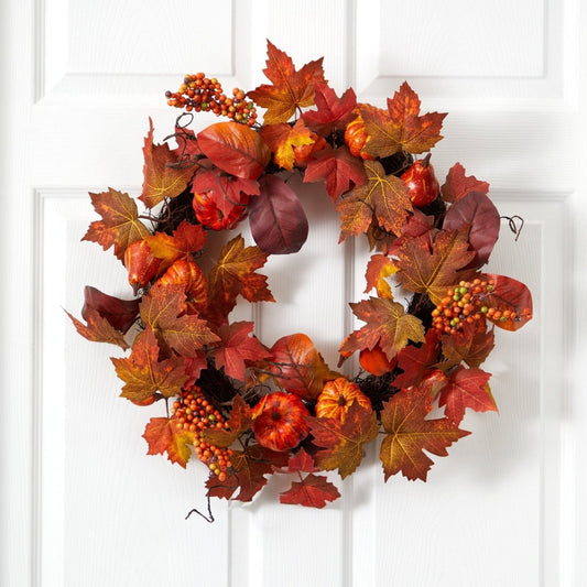  24-in Autumn Maple Leaves Artificial Fall Wreath With Pumpkins & Berries