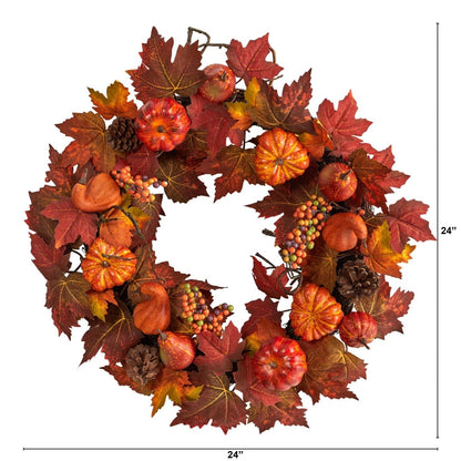  24-in Autumn Maple Leaves Artificial Fall Wreath With Pumpkins & Berries