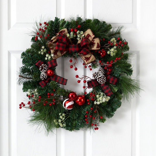  24-in Christmas Pine Wreath With Ornaments & Bow | Holiday Decor