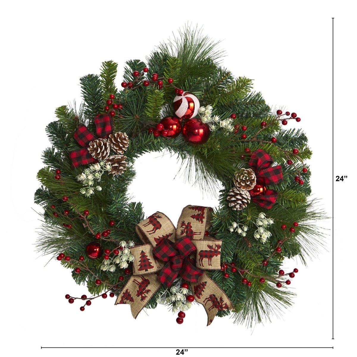  24-in Christmas Pine Wreath With Ornaments & Bow | Holiday Decor