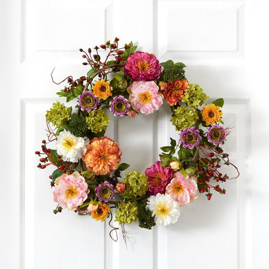  24-in Lifelike Mixed Peony Wreath – Round Pastel Blooms & Berry Accents