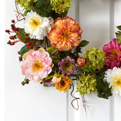  24-in Lifelike Mixed Peony Wreath – Round Pastel Blooms & Berry Accents